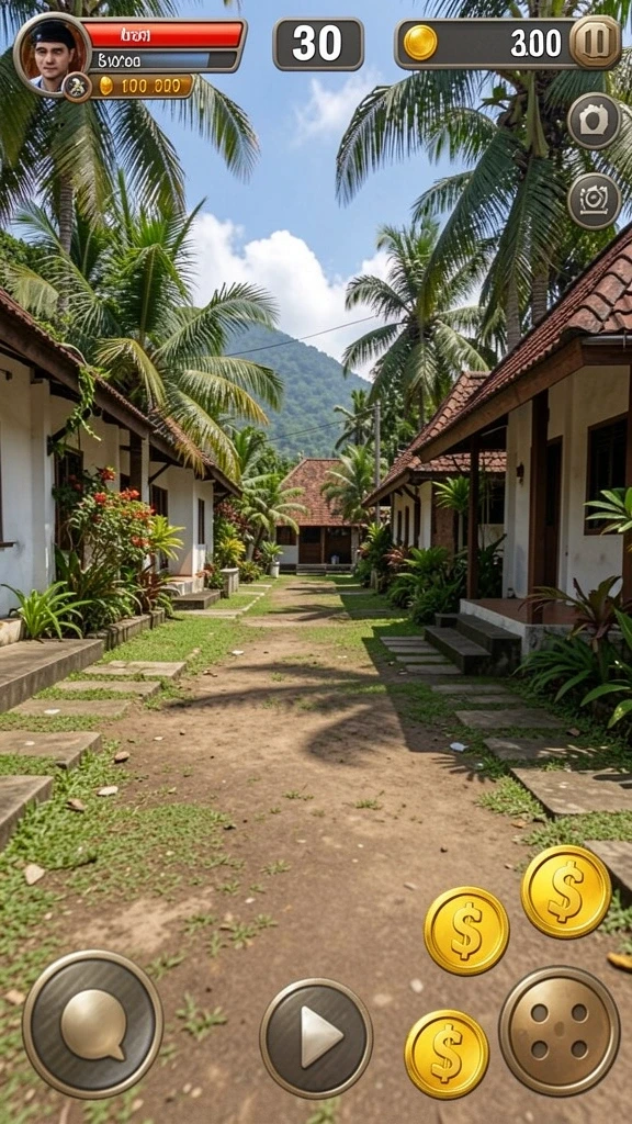 Tangkapan layar menampilkan karakter utama menjelajahi pulau awan.